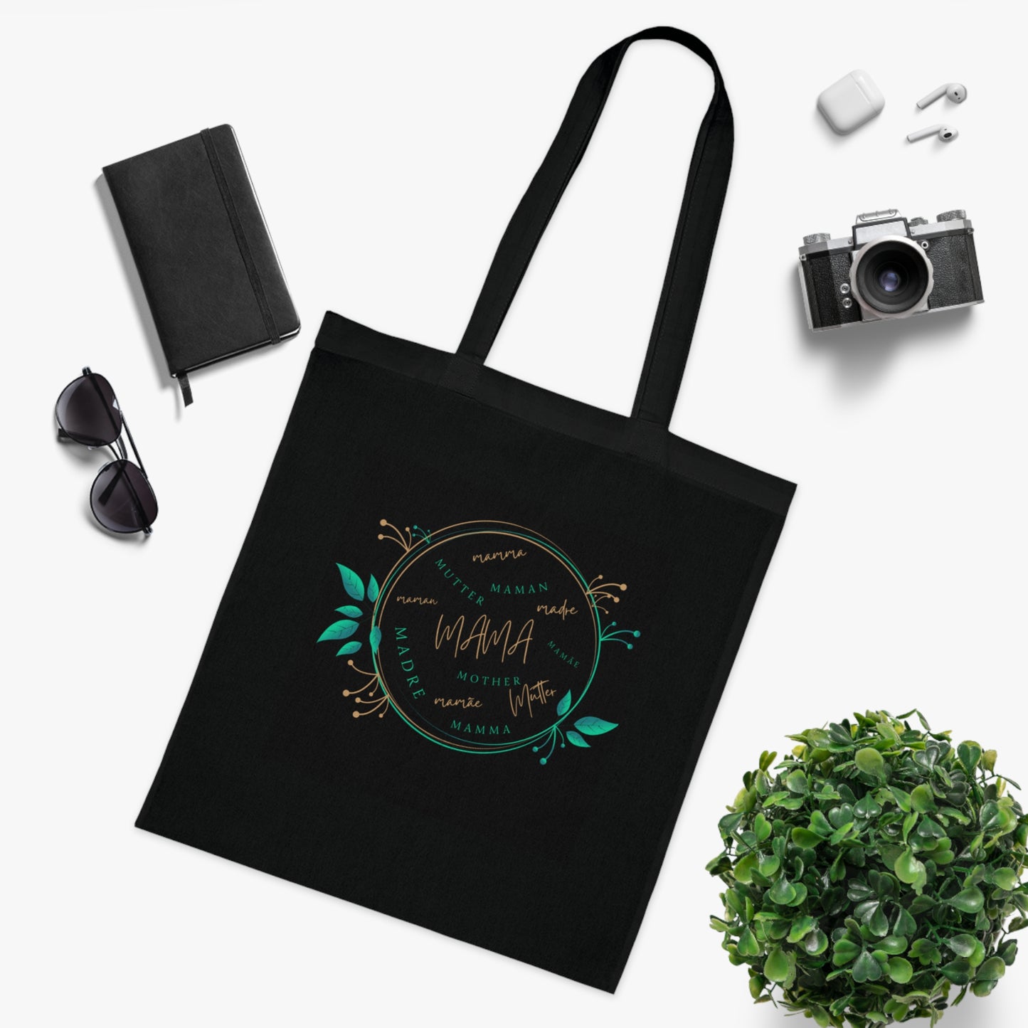 MAMA mum in multi languages black Cotton Tote bag.