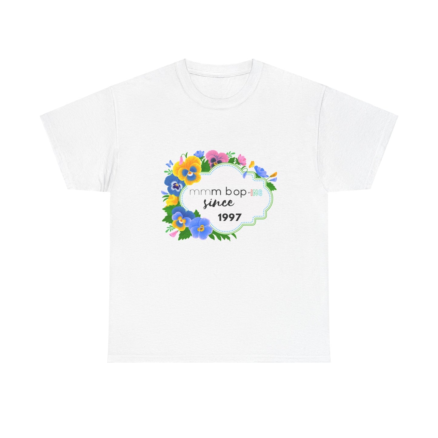 Mmm bop ing since 1997 floral pansy boarder Hanson fan t shirt