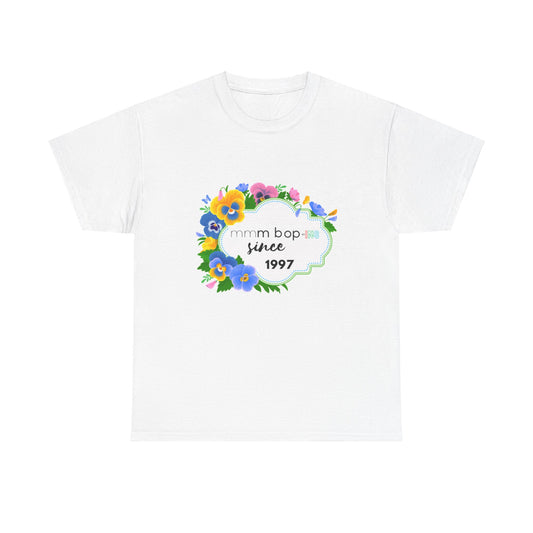 Mmm bop ing since 1997 floral pansy boarder Hanson fan t shirt